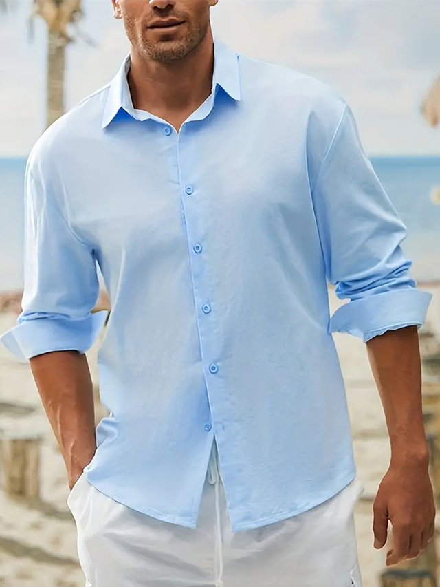  Men's Shirt Linen Shirt Button Up Shirt Beach Shirt Blue Long Sleeve Plain Lapel Spring &  Fall Casual Daily Clothing Apparel