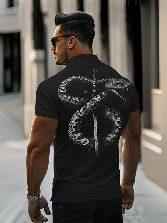  OldVanguard Snake Men's 3D Print Polo Shirt Party Outdoor Street Pique Polo Shirt Short Sleeve Turndown Polo Shirts Black White Summer Spring Fall S M L Micro-elastic Lapel Polo