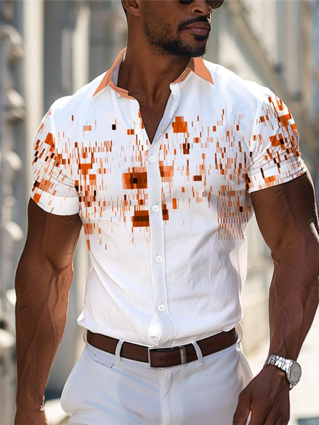  Geometrie Business-Casual Herren Bedruckte Hemden Outdoor Strasse Tragen Sie, um zu arbeiten Sommer Umlegekragen Kurze Ärmel Weiß, Blau, Orange S, M, L 4-Wege-Stretchgewebe Hemd