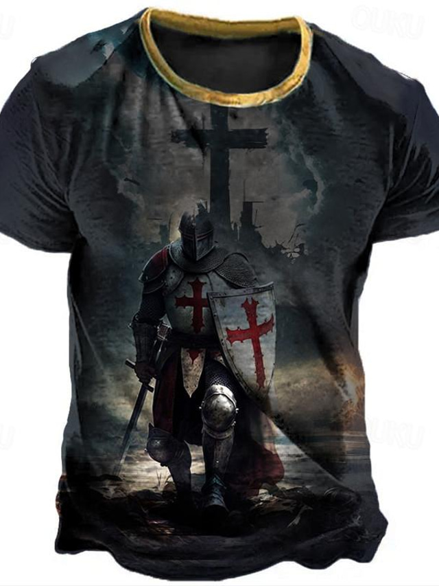 Men's T shirt Tee Distressed T Shirt Graphic Knights Templar Crew Neck Clothing Apparel 3D Print Outdoor Daily Short Sleeve Print Vintage Fashion Designer
