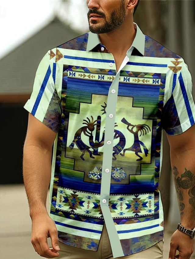  kokopelli tribal étnico vintage resort para hombres hawaiano camisa estampada en 3d con botones manga corta camisa de playa de verano vacaciones uso diario s a 3xl