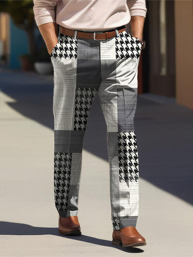  houndstooth business casual męskie biznesowe spodnie wizytowe z nadrukiem 3d płaski przód proste nogawki luźny krój poliester spodnie ze średnim stanem na zewnątrz odzież uliczna do pracy odzież na
