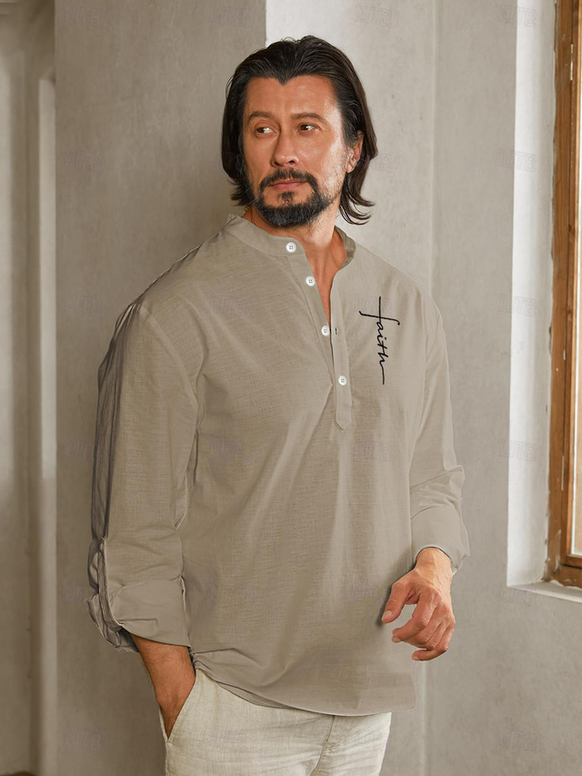 chemise en lin 55% pour hommes chemise en lin brodée kaki à manches