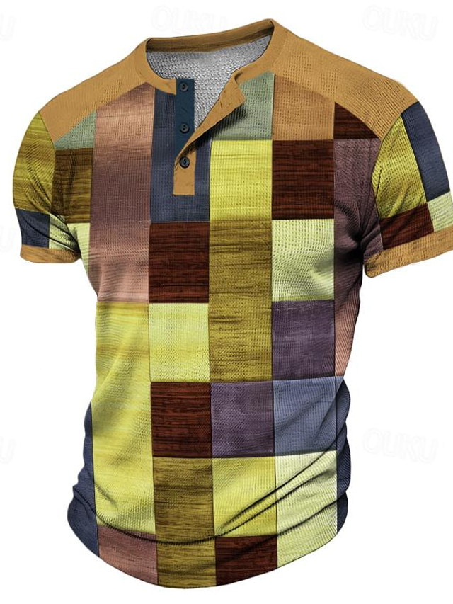  A quadri Di tendenza Giornaliero Informale Per uomo Stampa 3D Camicia Henley Maglietta Waffle Sportivo Informale Per eventi maglietta Giallo Viola Arancione Manica corta Henley Camicia Primavera