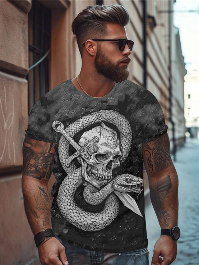  OldVanguard Skull Snake Punk Gothic Men's 3D Print T shirt Tee Party Street Vacation T shirt Black Short Sleeve Crew Neck Shirt Summer Spring Fall Clothing Apparel S M L XL 2XL 3XL