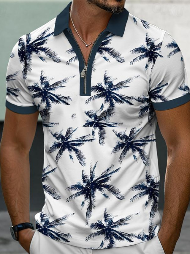  Palm Tree Men's Fashion Casual 3D Print Polo Shirt Zip Polo Outdoor Street Daily Wear Pique Polo Shirt Short Sleeve Turndown Zip Polo Shirts Dark Navy Green Summer S M L Micro-elastic Lapel Polo