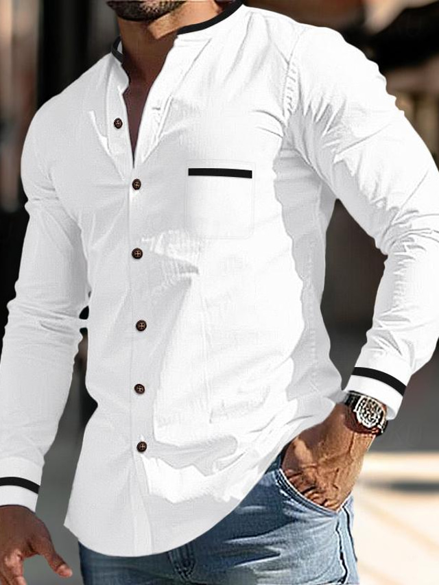  Men's Shirt Button Up Shirt Summer Shirt White Dark Blue Light Blue Gray Long Sleeve Color Block Stand Collar Daily Vacation Front Pocket Clothing Apparel Fashion Casual Smart Casual