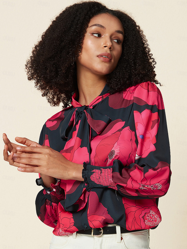  Women's Tie Bow Neck Stain Blouse Watercolor Floral Print Blouson-sleeve Shirt for Spring & Fall