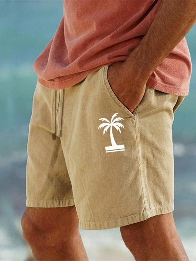  pantaloni scurți din bumbac pentru bărbați cu imprimeu în copac de cocos, pantaloni scurți hawaiani de vară, pantaloni scurți de plajă, șnur, talie elastică, confort, respirabil, scurt, haine pentru