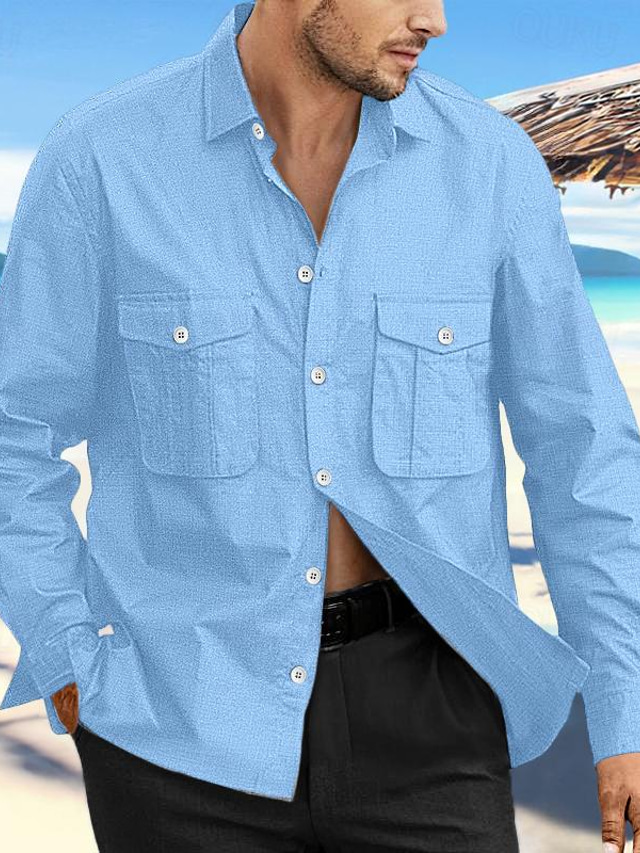  Men's Shirt Linen Shirt Summer Shirt Beach Wear Button Up Shirt Black Navy Blue Blue Khaki Long Sleeve Plain Lapel Spring & Summer Daily Hawaiian Clothing Apparel Pocket