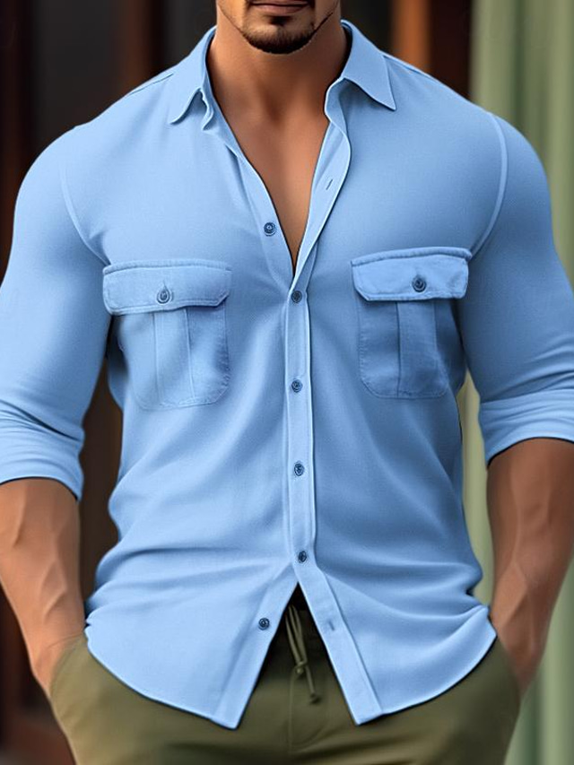  Men's Shirt Linen Shirt Button Up Shirt Summer Shirt Beach Shirt Black White Blue Long Sleeve Plain Lapel Spring & Summer Casual Daily Clothing Apparel Front Pocket