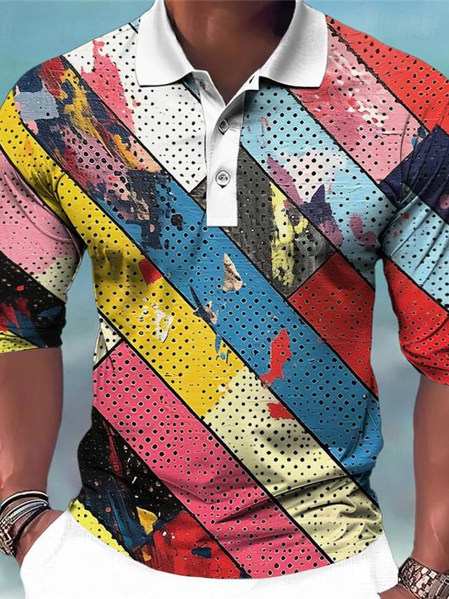  Bloco de cor Geometria Homens Recorrer 3D Imprimir Camiseta Polo Ao ar livre Feriado Férias Camisa Pólo Piquê Manga Longa Aberto para a Lateral Camisas polo Amarelo Azul Primavera Verão S M L