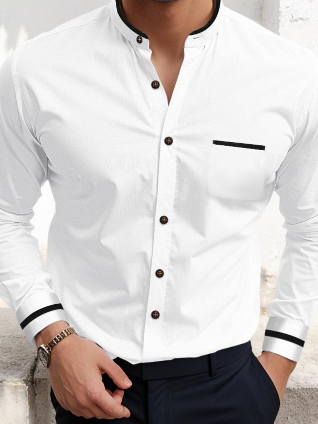  Herre Skjorte Jakkesætsskjorter Button Up skjorte Hvid Navyblå Lyseblå Grå Langærmet Patchwork Stående krave Bryllup Daglig Frontlomme Tøj Mode Afslappet Bekvem Smart Casual