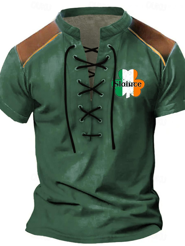 St. Patrick st paddys Shamrock Irish Flag Men's Casual 3D Print Henley Shirt T shirt Tee Casual Holiday T shirt Blue Brown Green Short Sleeve Lace Up Neck Henley Shirt Spring & Summer