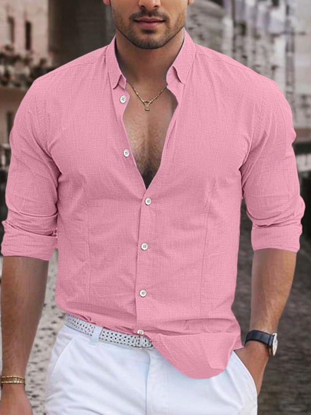 Men's Shirt Linen Shirt Button Up Shirt Casual Shirt Summer Shirt Beach Shirt White Pink Navy Blue Long Sleeve Plain Lapel Spring & Summer Casual Daily Clothing Apparel