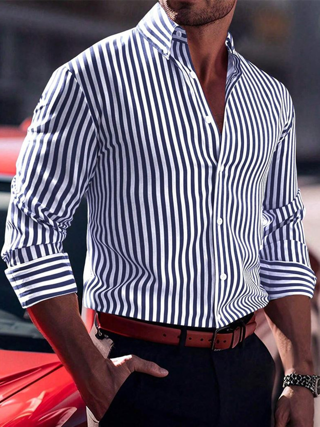  Homens Camisa Social camisa de verão camisa de botão Camisa casual Preto Vermelho Azul Manga Longa Riscas Lapela Diário Férias Roupa Casual Confortável Informal mas elegante