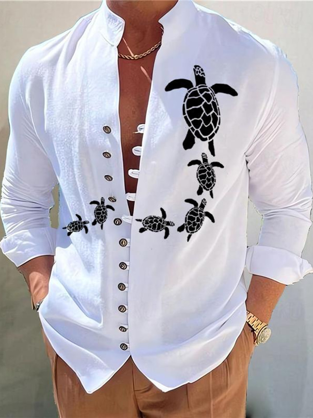  Turtle Men's Fashion Casual Graphic Cotton Shirt Daily Wear Vacation Going out Spring & Summer Standing Collar Long Sleeve White Pink Blue S M L Washable Cotton Fabric Shirt