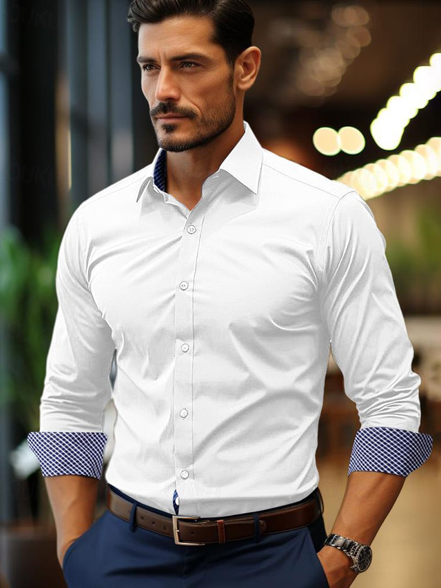  Homme Chemise Noir Blanche bleu marine Bleu Roi manche longue Bloc de couleur Revers Printemps & Automne Bureau et carrière Fête de Mariage Vêtement Tenue Épissure