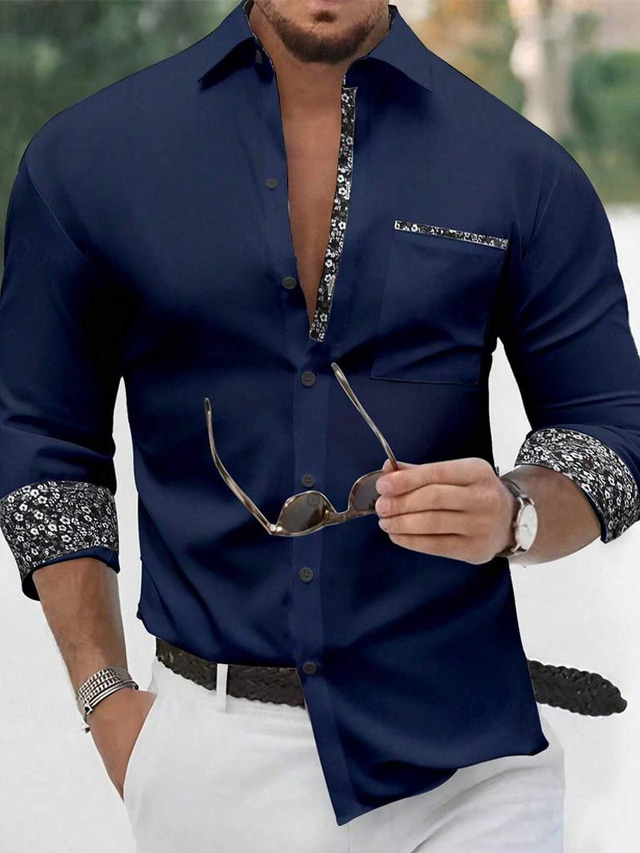  Homens Camisa Social camisa de botão Camisa casual Preto Branco Azul Marinha Manga Longa Floral Bloco de cor Lapela Diário Férias Patchwork Roupa Moda Casual Informal mas elegante