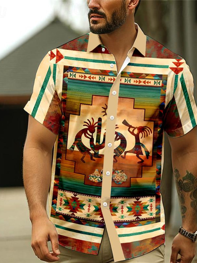  Kokopelli Tribal Ethnic Vintage Men's Resort Hawaiian 3D Printed Shirt Button Up Short Sleeve Summer Beach Shirt Vacation Daily Wear S TO 3XL