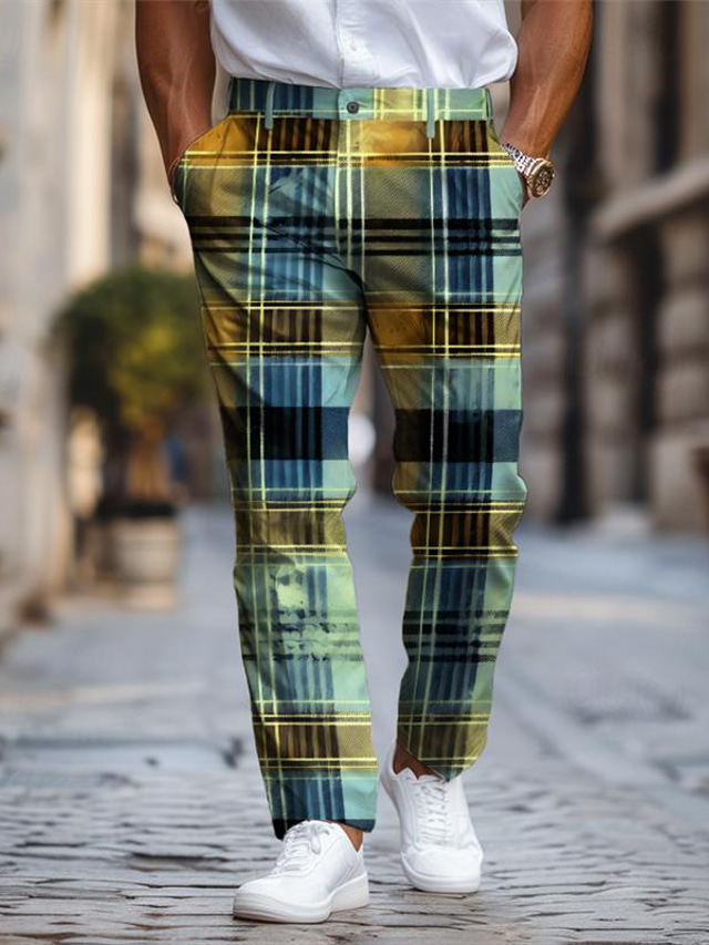  Plaid / Check Business Classic Men's Business 3D Printed Dress Pants Flat Front Straight-Leg Polyester Medium Waist Pants Outdoor Street Wear to Work Daily Wear S TO 3XL