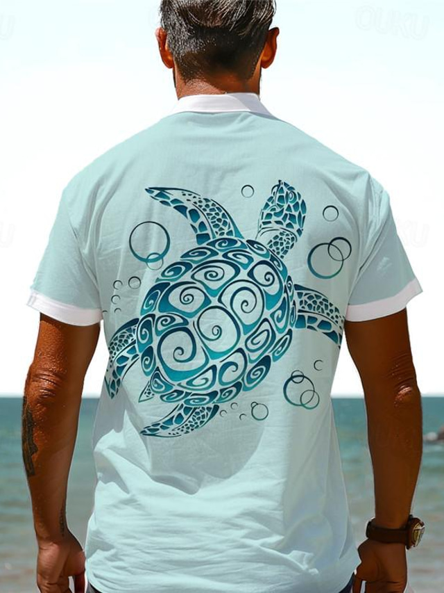  Żółw morski życie morskie męska koszula wypoczynkowa hawajska 3d koszula z nadrukiem zapinana na guziki z krótkim rękawem letnia koszula plażowa wakacje odzież na co dzień od rozmiaru do 3xl