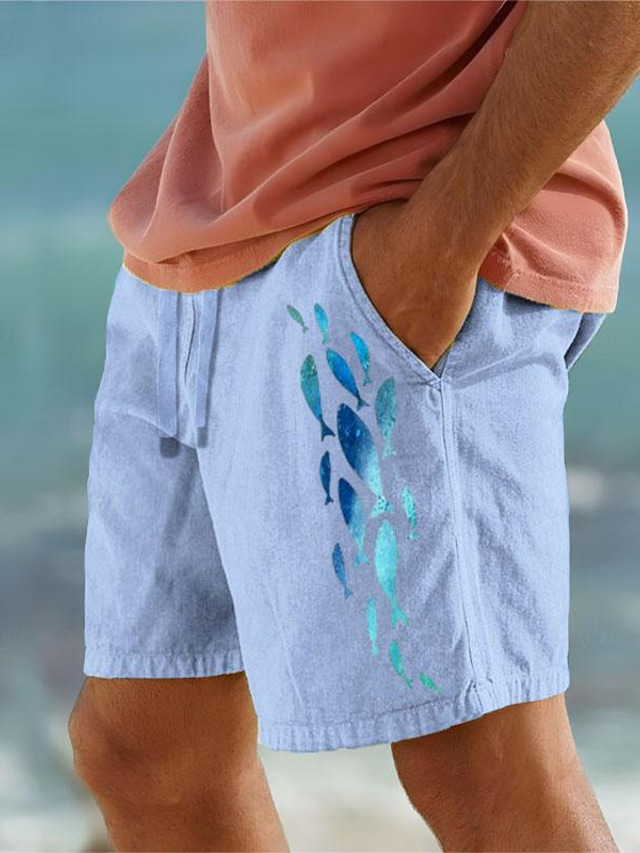  animal fish printed herre bomullsshorts sommer hawaiian shorts strandshorts snøring elastisk midje komfort pustende utendørs ferie gå ut klær