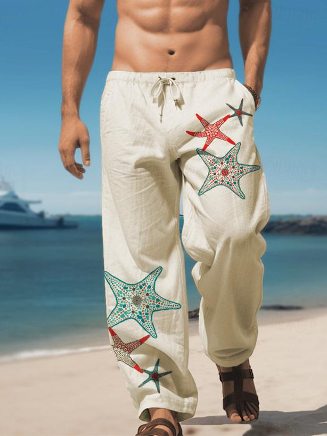  pantalon vintage en coton et lin pour hommes étoiles de mer pantalon design à cordon élastique pantalon droit extérieur tenue quotidienne streetwear pantalon élastique taille moyenne