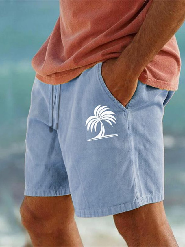  męskie bawełniane spodenki z nadrukiem drzewa kokosowego letnie spodenki hawajskie spodenki plażowe sznurek elastyczny pas nadruk komfort oddychający krótki wypoczynek na świeżym powietrzu odzież