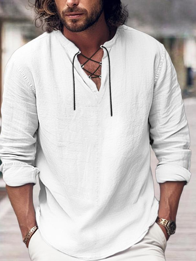  Homens Camisa Social camisa de linho camisa de praia Preto Branco Rosa Manga Longa Tecido Decote V Primavera Verão Casual Diário Roupa Cordões