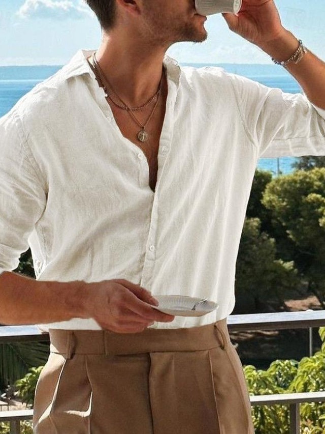  Męskie lniana koszula Koszula Zapinana na guziki koszula Koszula plażowa Beżowy Długi rękaw Równina Klapa Wiosna i jesień Codzienny Święto Odzież