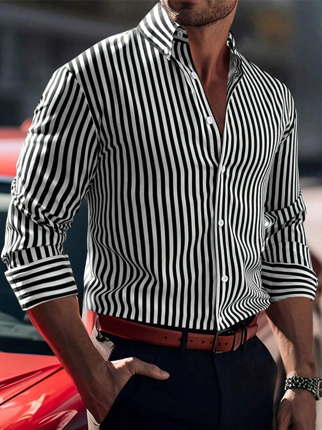  Men's Shirt Button Up Shirt Casual Shirt Black Red Blue Long Sleeve Stripes Lapel Daily Vacation Clothing Apparel Casual Comfortable Smart Casual