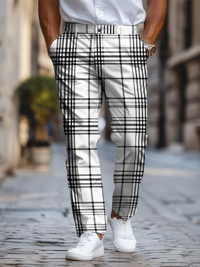  классические мужские деловые классические брюки в клетку/клетку с 3D принтом, брюки с прямыми штанинами и прямой талией, брюки из полиэстера со средней талией, уличная одежда для работы, повседневная