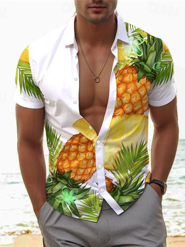  Ananas Tropical Vacances Hawaïen Homme Chemise Extérieur Hawaïen Vacances Eté Toutes les Saisons Col rabattu Manche Courte Bleu Vert foncé Orange S M L Chemise