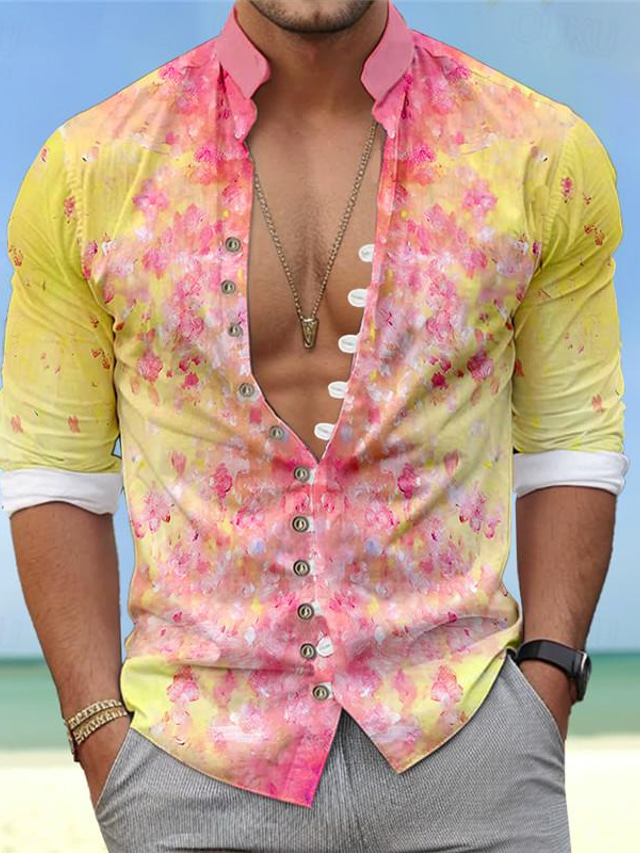  Floral Men's Resort Hawaiian 3D Printed Shirt Holiday Daily Wear Vacation Spring & Summer Standing Collar Long Sleeve Pink Purple Orange S M L Polyester Shirt