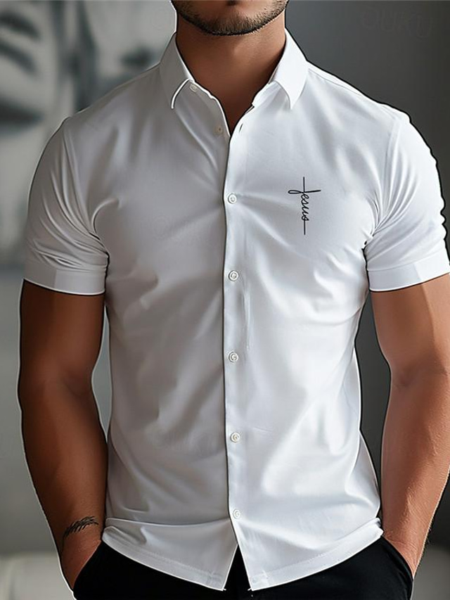  Faith Men's Business Casual 3D Printed Shirt Outdoor Street Wear to work Summer Turndown Short Sleeves Black White Pink S M L 4-Way Stretch Fabric Shirt