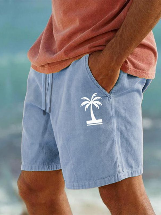  Мужские хлопковые шорты с принтом кокосовой пальмы, летние гавайские шорты, пляжные шорты с завязками, эластичная талия, комфортная дышащая короткая одежда для отдыха и выхода на улицу