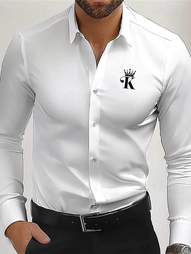  لعبة البوكر ملكKing عمل يومي رجالي قمصان مطبوعة شارع ارتداء للعمل مناسب للبس اليومي للربيع والصيف طوي كم طويل أسود, أبيض, رمادي S, M, L 4-طريقة سترتش النسيج قميص