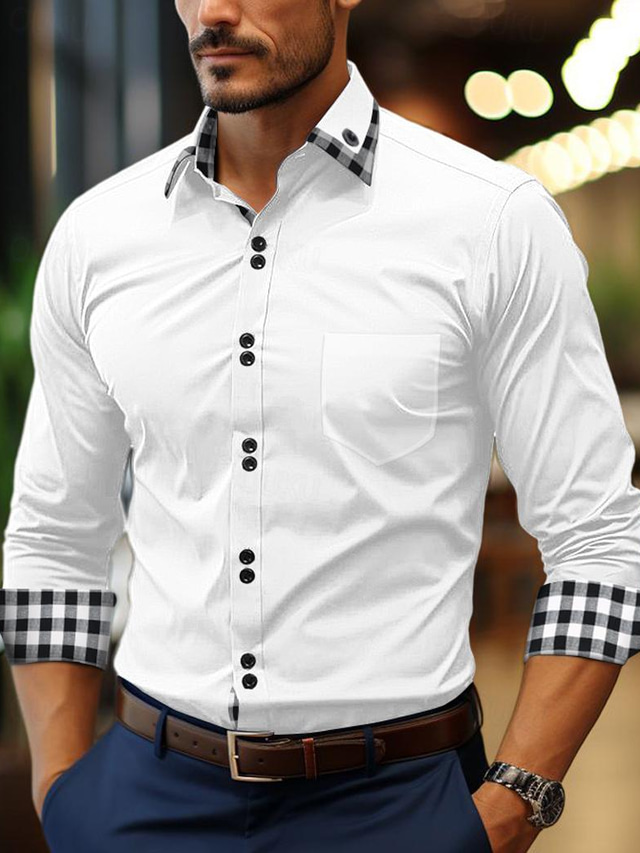  Men's Shirt Button Up Shirt Casual Shirt Black White Pink Wine Navy Blue Long Sleeve Plaid Color Block Lapel Daily Vacation Patchwork Clothing Apparel Fashion Casual Smart Casual