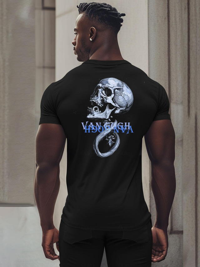  OldVanguard Letter Skeleton Punk Gothic Men's cotton T shirt Tee Party Street Vacation T shirt Black Short Sleeve Crew Neck Shirt Summer Spring Fall Clothing Apparel S M L XL 2XL