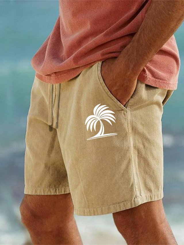  Kokosnussbaum bedruckte Herren-Baumwoll-Shorts, Sommer-Hawaiian-Shorts, Strand-Shorts, Kordelzug, elastische Taille, Druck, bequem, atmungsaktiv, kurze Outdoor-Urlaub, Ausgehen, Kleidung