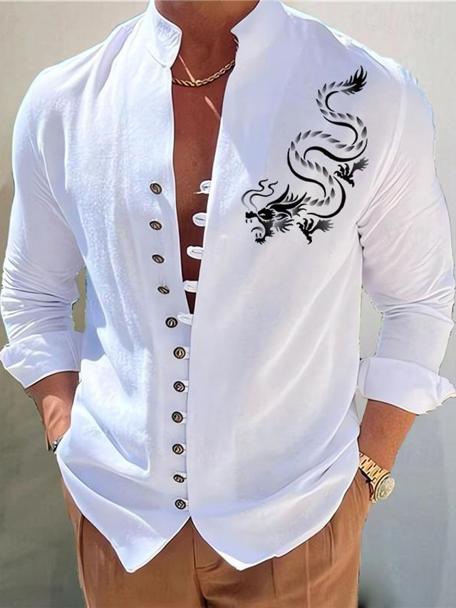  Dragon Men's Fashion Casual Graphic Cotton Shirt Daily Wear Vacation Going out Spring & Summer Standing Collar Long Sleeve White Pink Blue S M L Washable Cotton Fabric Shirt