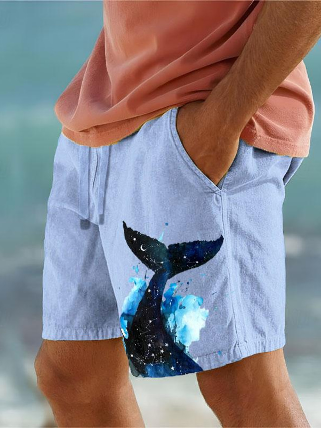  pantaloni scurți din bumbac pentru bărbați cu imprimeu cu rechini de animale, pantaloni scurți hawaiani de vară, pantaloni scurți de plajă, șnur, talie elastică, respirabil, scurt, îmbrăcăminte de