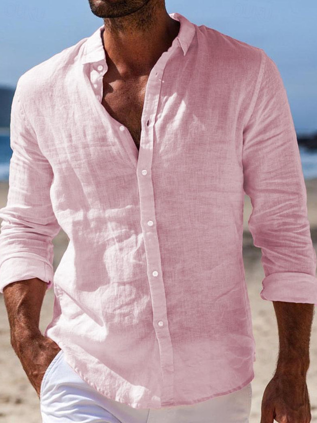  Men's Shirt Linen Shirt Button Up Shirt Summer Shirt Beach Shirt Black White Pink Long Sleeve Plain Turndown Spring & Summer Casual Daily Clothing Apparel