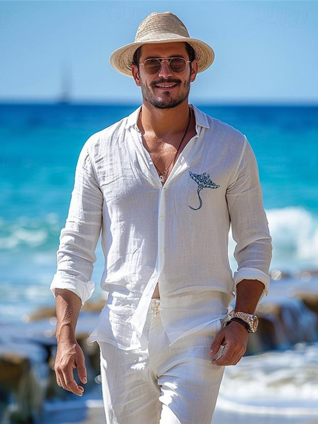  Hombre Lino camisa de lino Camisa gráfica Tótem Estampado Abotonar Manga Larga Cuello Vuelto Blanco, Azul Piscina Camisa Festivos Vacaciones Playas