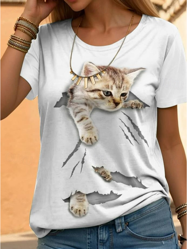  Women's T Shirt Fashion Basic Cat Dragonfly Regular Tops Short Sleeve Crew Neck Print Regular Fit Casual Weekend White Summer