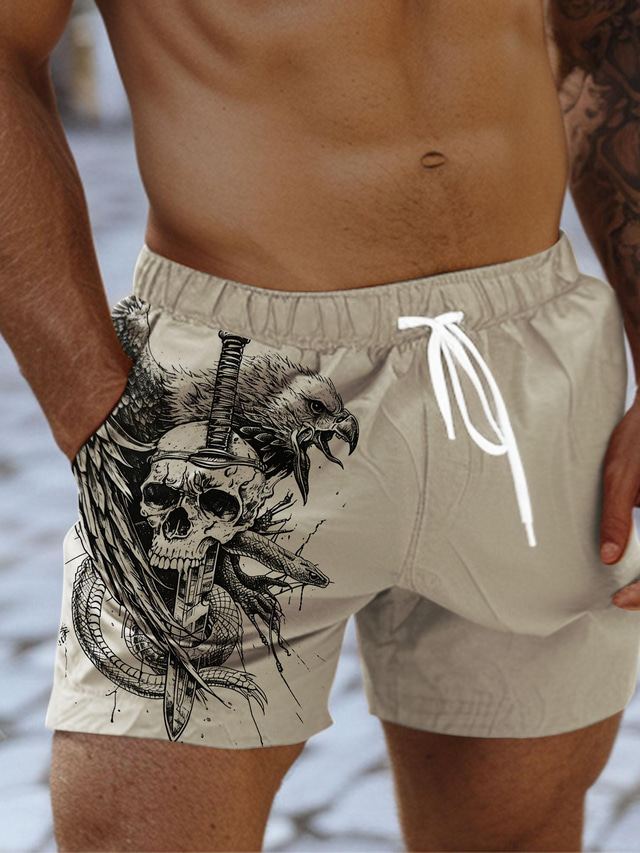  Herre Surfeshorts Badeshorts Snorer med mesh fôr Elastisk midje Hodeskaller Ørn Slange Komfort Pustende Kort Fest Feriereise Gateklær Punk og gotisk Hvit Kakifarget Mikroelastisk