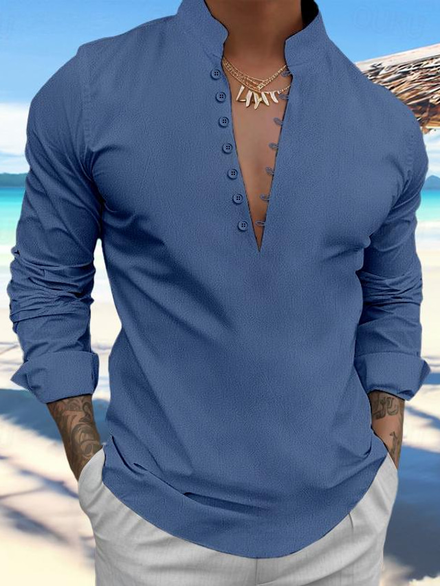  Homme Chemise Chemise Lin Chemise à enfiler Chemisette Chemise d'été Tenues de plage Noir Blanche Bleu Bleu Ciel manche longue Plein Mao Printemps été Casual du quotidien Vêtement Tenue