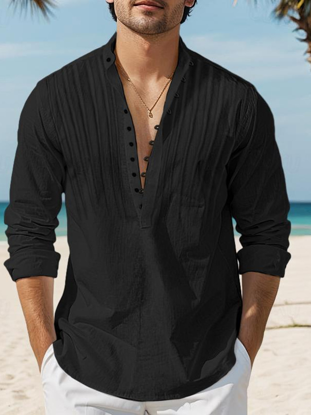  Men's Shirt Popover Shirt Summer Shirt Beach Wear Casual Shirt Band Collar Shirt Black White Light Blue Long Sleeve Plain Band Collar Daily Vacation Patchwork Clothing Apparel Cotton Blend Fashion