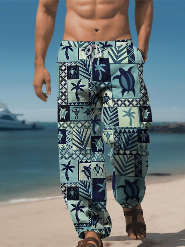  Sea Turtle Marine Life Hawaiian Men's Resort 3D Printed Dress Pants Flat Front Straight-Leg Polyester Medium Waist Pants Outdoor Vacation Holiday Daily Wear S TO 3XL